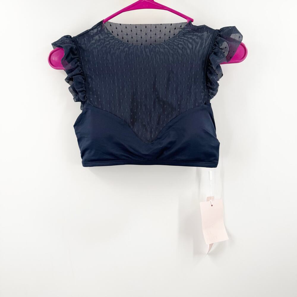 Avec Les Filles Bikini Top Size Medium Ruffle Sleeve Mesh Navy Blue NWT Swimwear